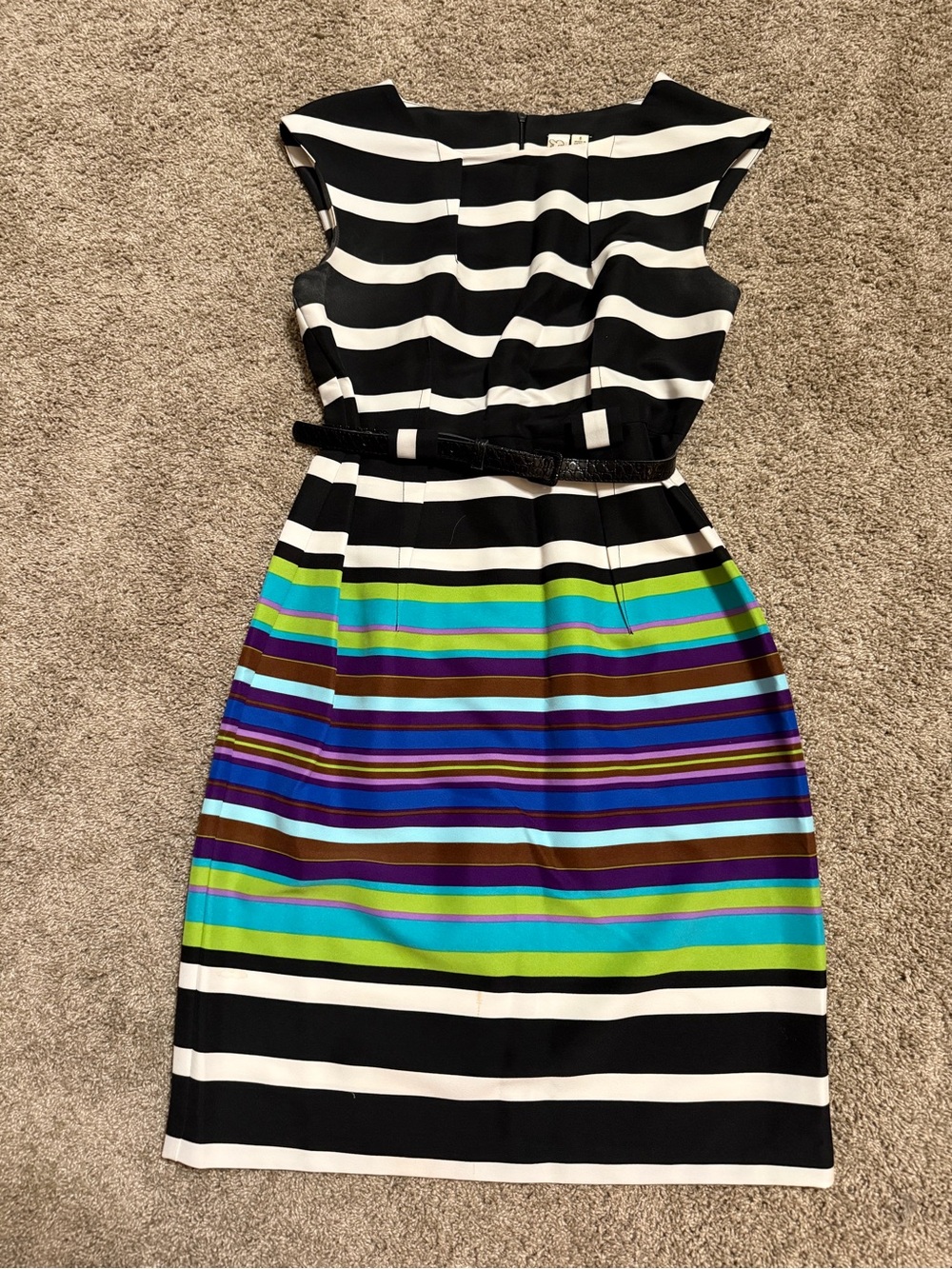 Emma & Michele Black, White, Blue & Green Striped Midi Dress
